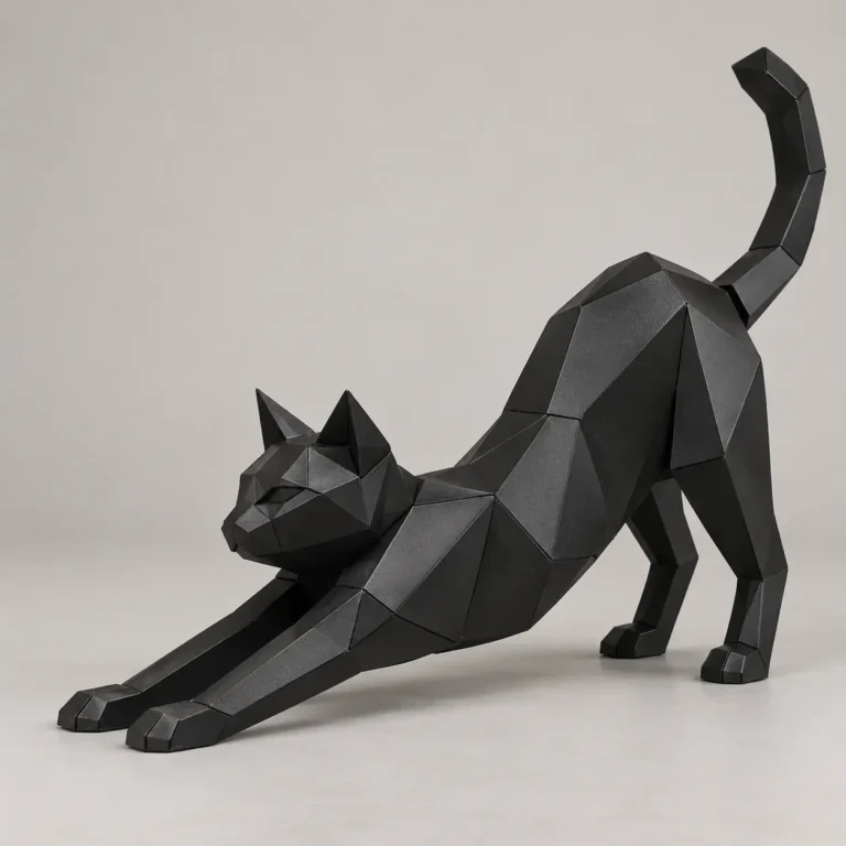 Low-poly black metal cat sculpture in a stretching pose with its tail curled upward