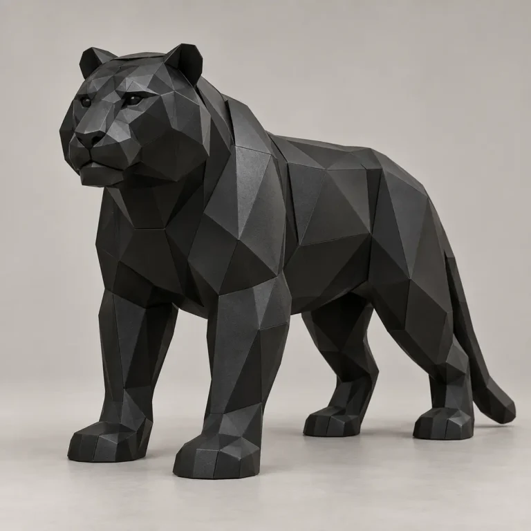 Faceted matte black metal tiger sculpture standing with heavy front paws