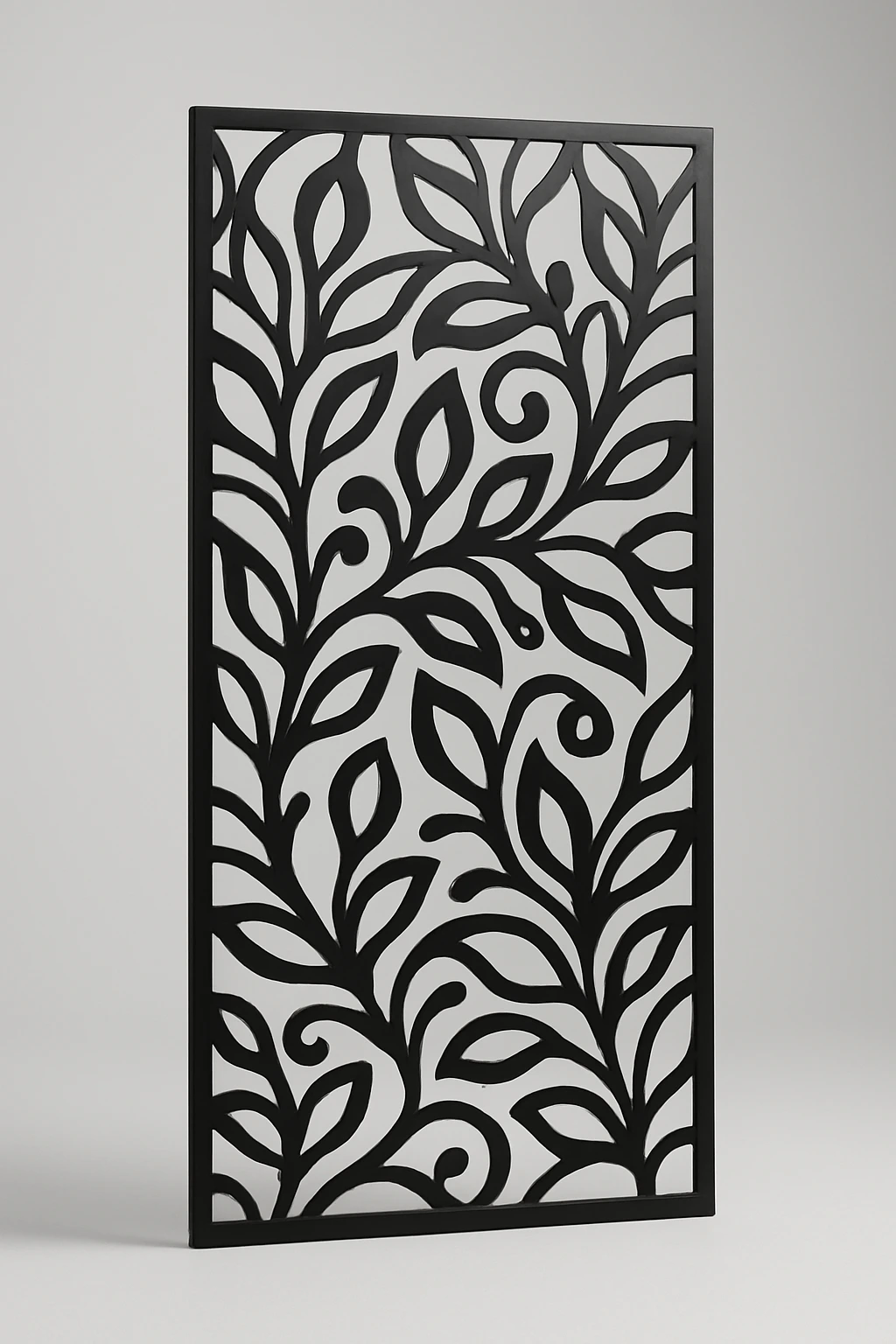 Salal botanical pattern, a laser-cut steel decorative screen panel in matte black