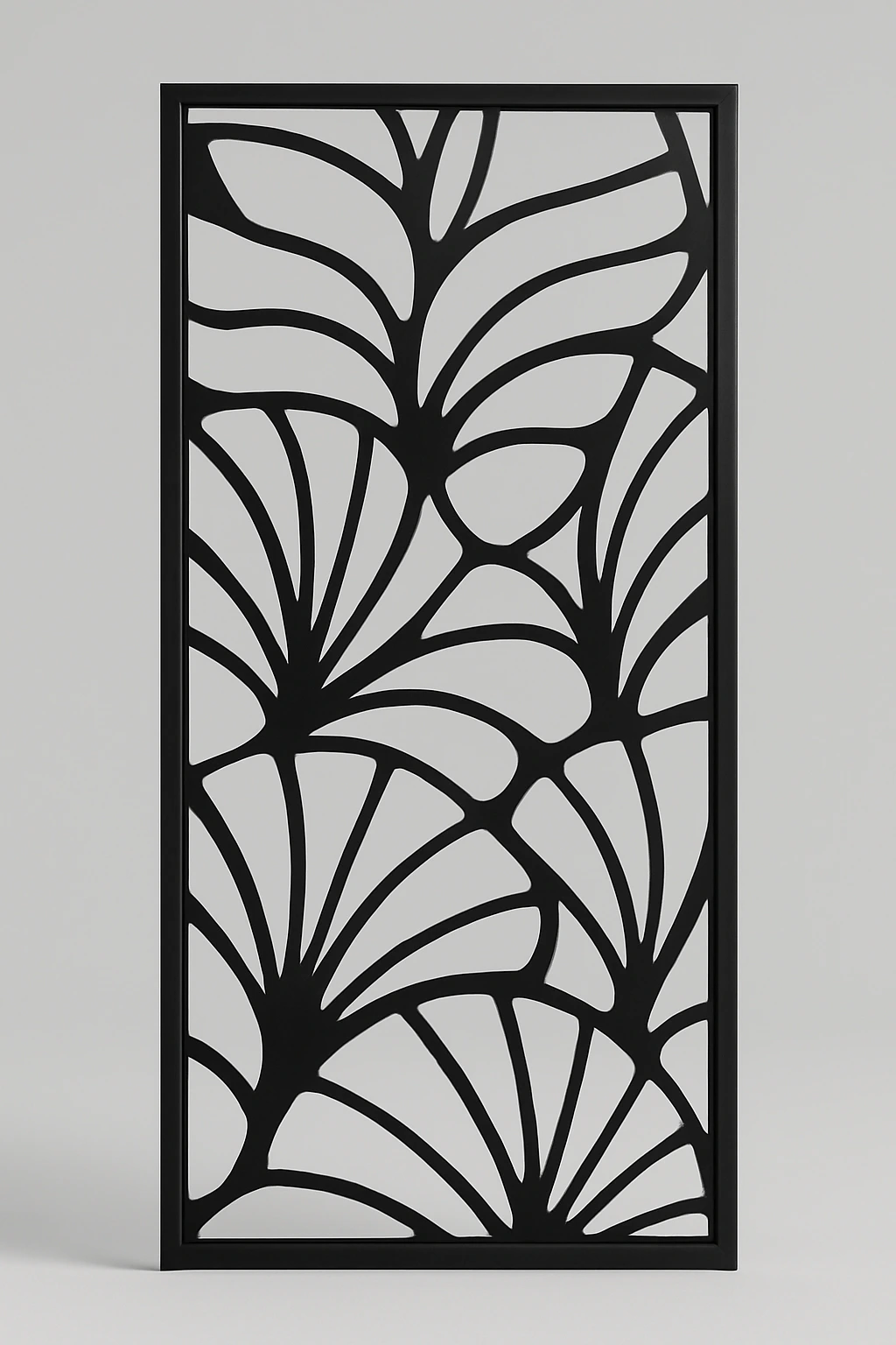 Ginkgo botanical pattern, a laser-cut steel decorative screen panel in matte black