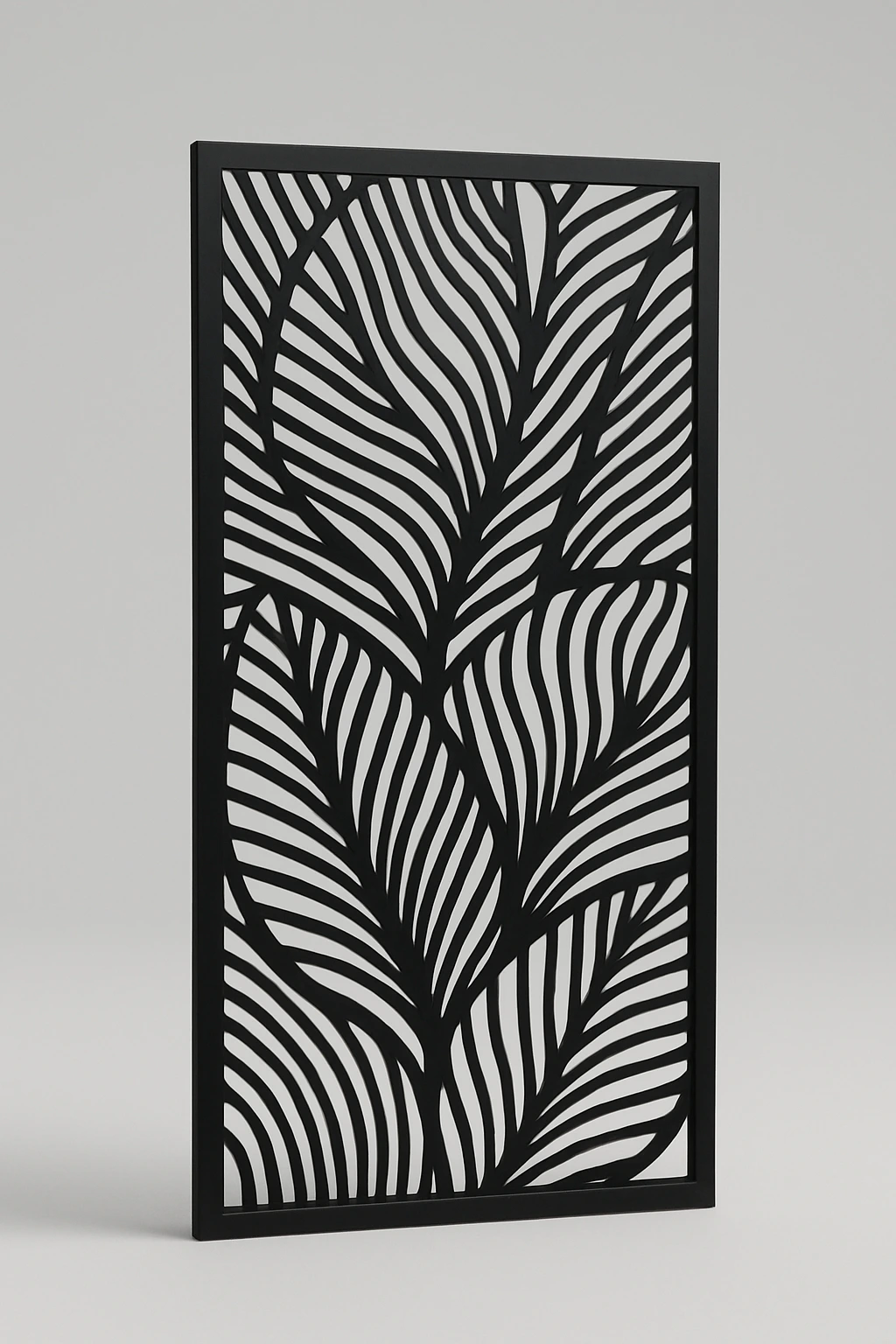 Plume botanical pattern, a laser-cut steel decorative screen panel in matte black