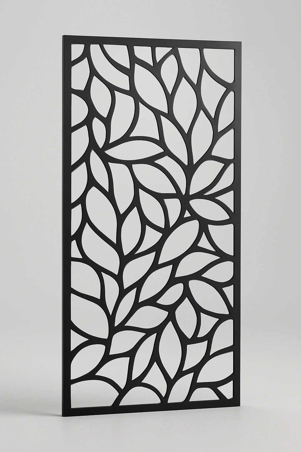Laurel botanical pattern, a laser-cut steel decorative screen panel in matte black