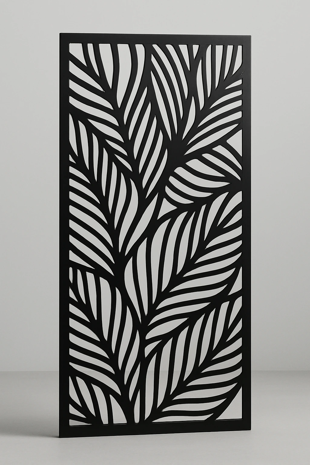 Rainforest botanical pattern, a laser-cut steel decorative screen panel in matte black