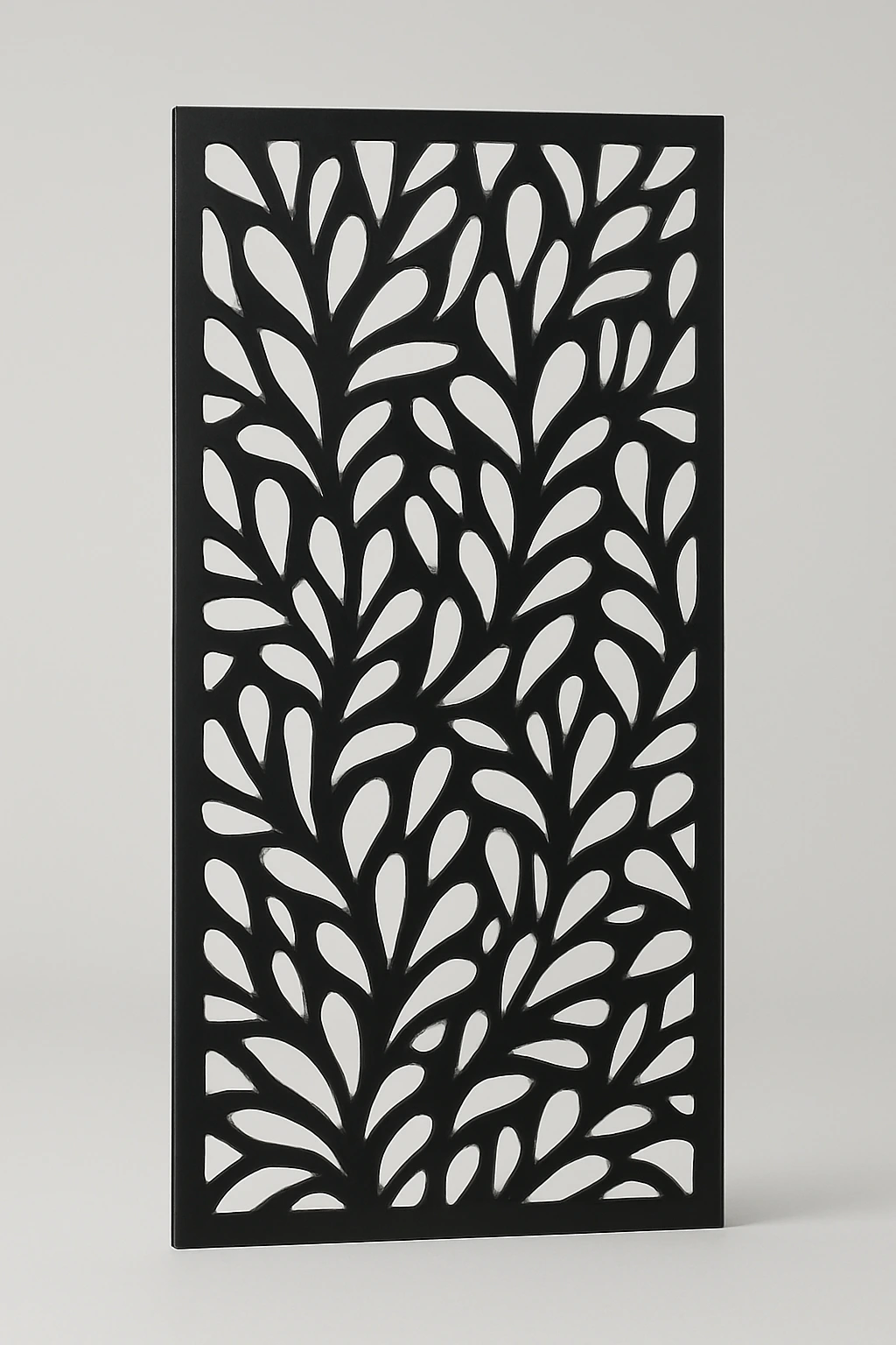 Petal Fall botanical pattern, a laser-cut steel decorative screen panel in matte black