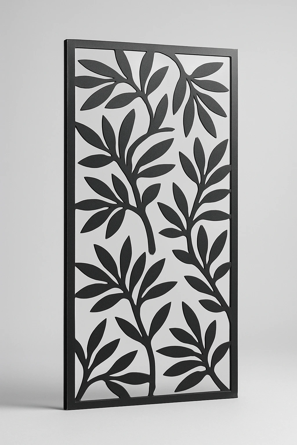 Olive Branch botanical pattern, a laser-cut steel decorative screen panel in matte black
