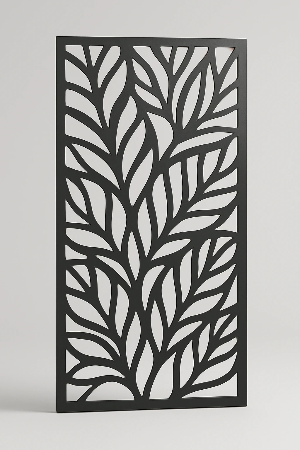 Alder botanical pattern, a laser-cut steel decorative screen panel in matte black