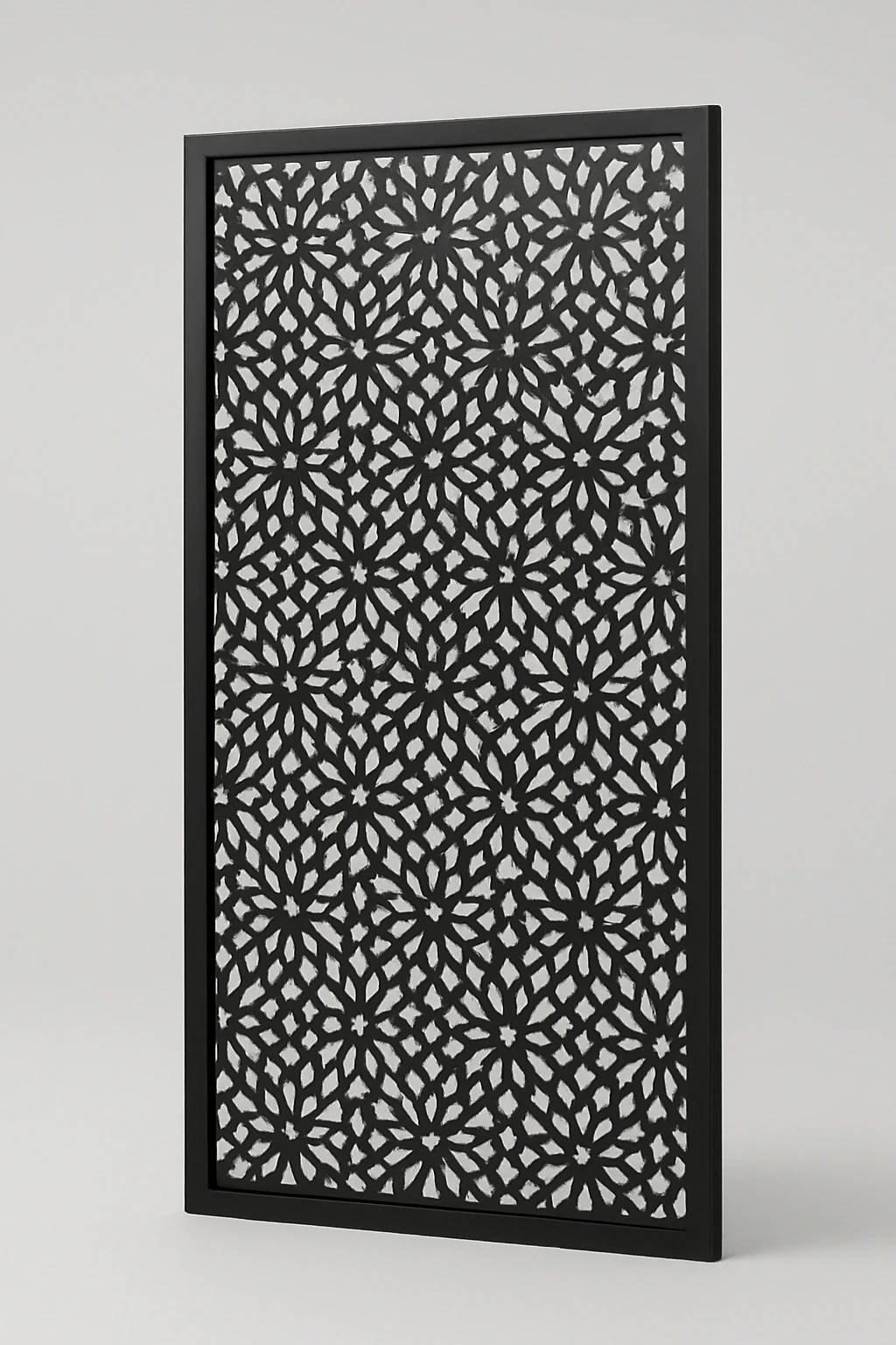 Rosette geometric pattern, a laser-cut steel decorative screen panel in matte black