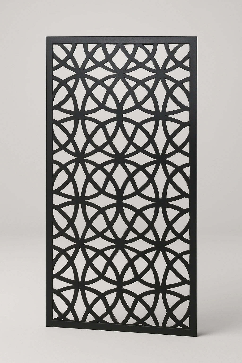 Interlace geometric pattern, a laser-cut steel decorative screen panel in matte black