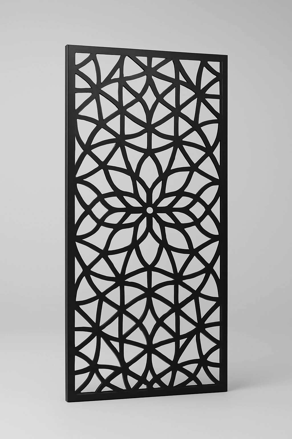 Bloom Grid geometric pattern, a laser-cut steel decorative screen panel in matte black