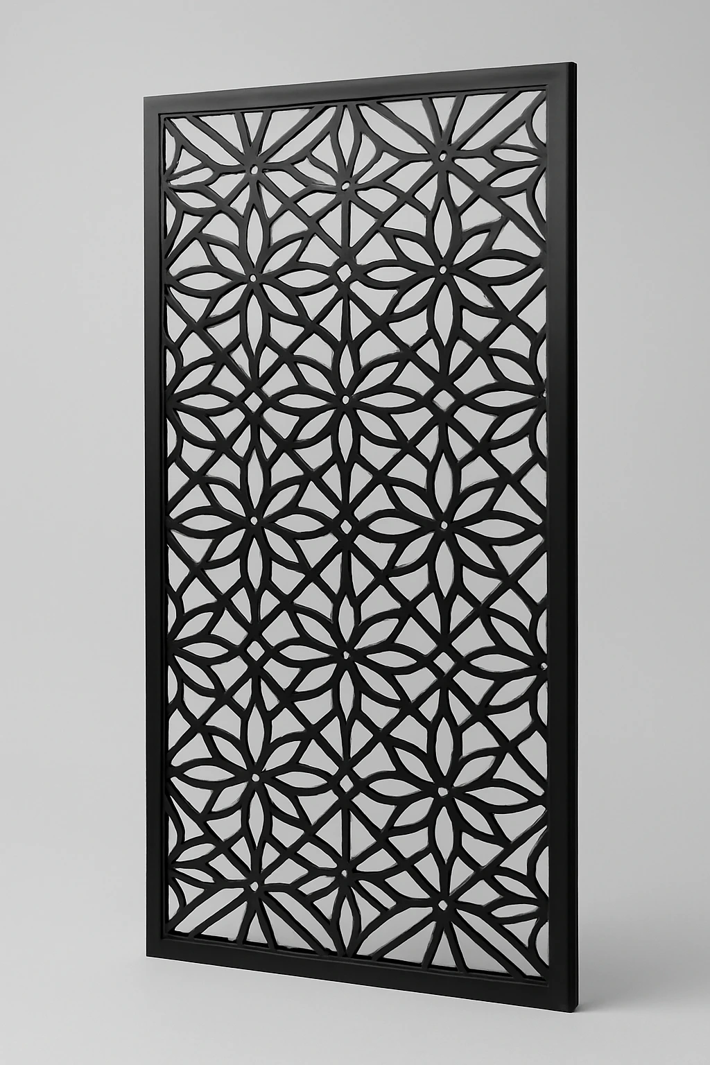 Starflower geometric pattern, a laser-cut steel decorative screen panel in matte black