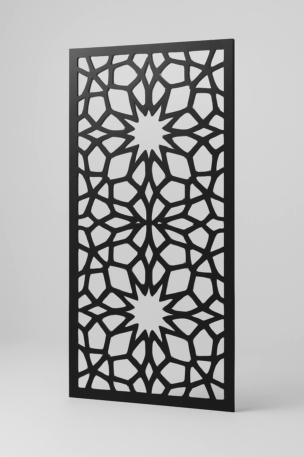 Compass geometric pattern, a laser-cut steel decorative screen panel in matte black