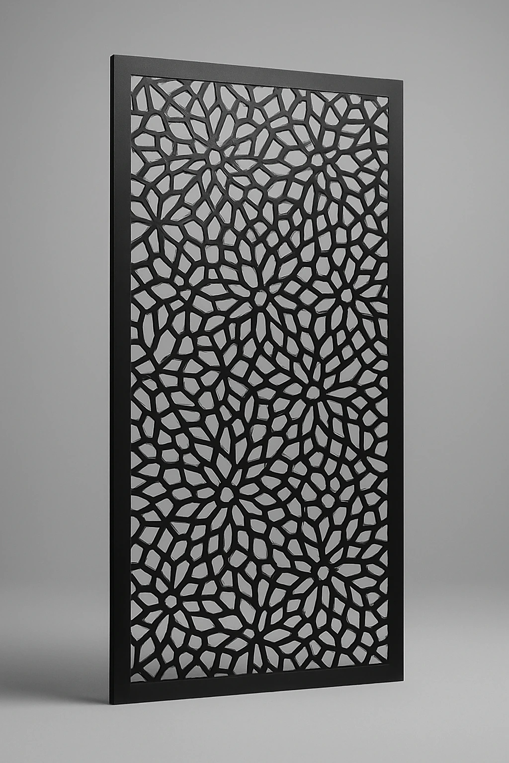 Court geometric pattern, a laser-cut steel decorative screen panel in matte black