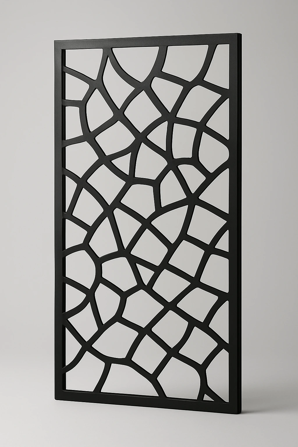 Crackle organic pattern, a laser-cut steel decorative screen panel in matte black