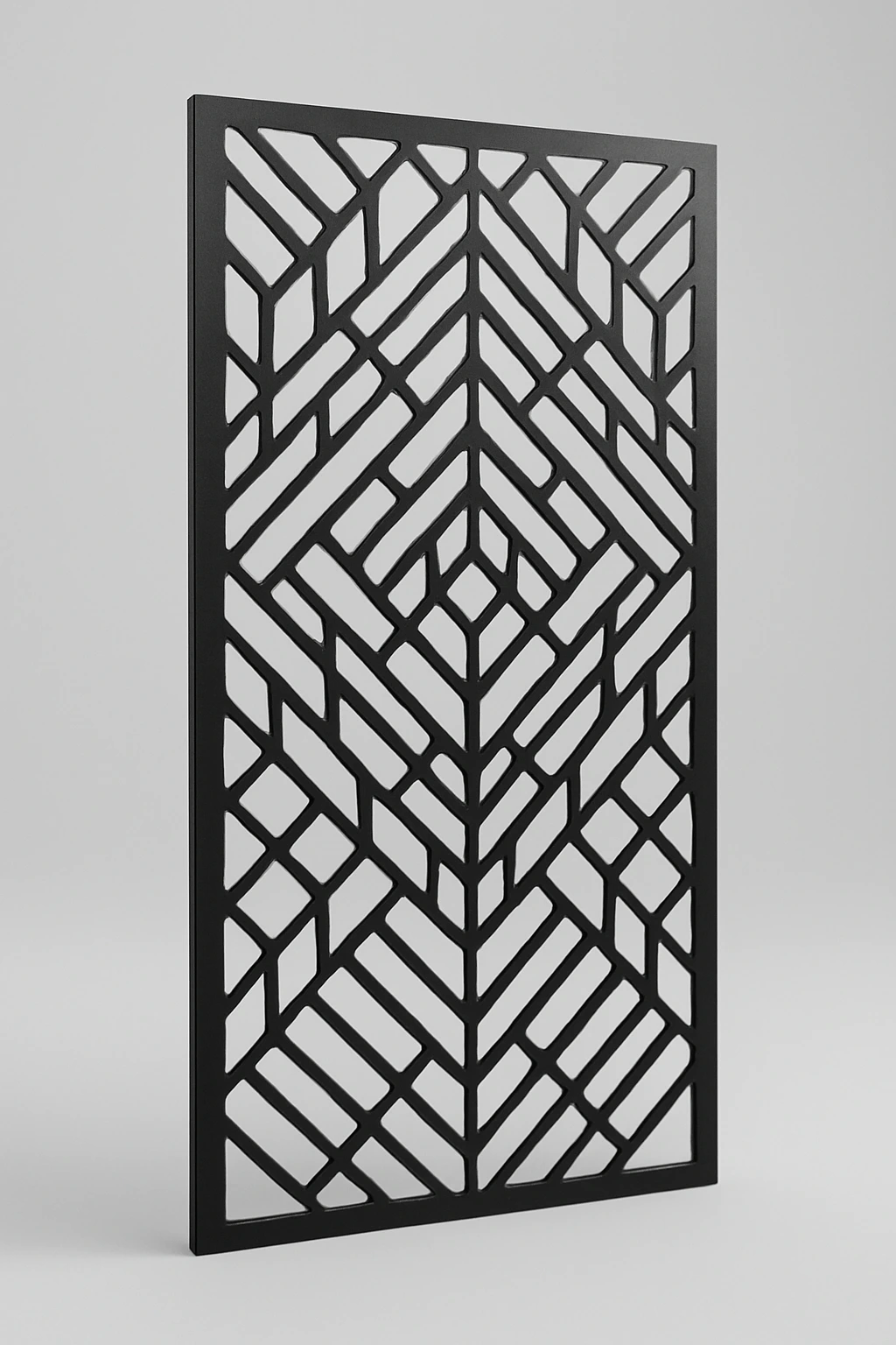 Deco Herringbone linear pattern, a laser-cut steel decorative screen panel in matte black