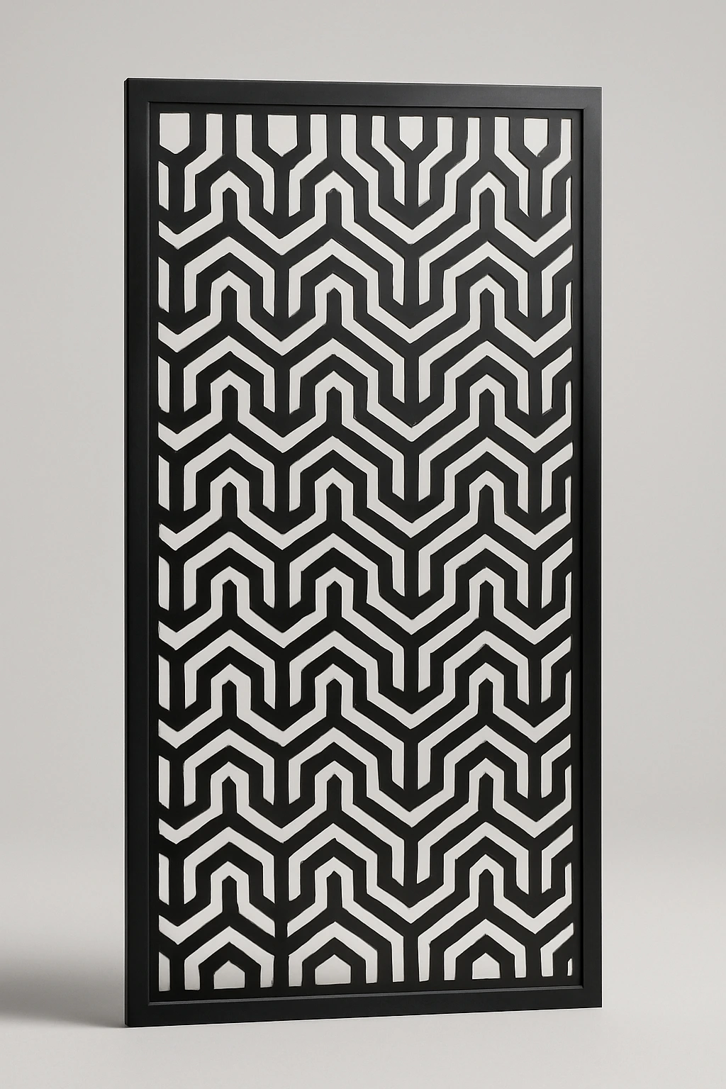 Arrowhead linear pattern, a laser-cut steel decorative screen panel in matte black