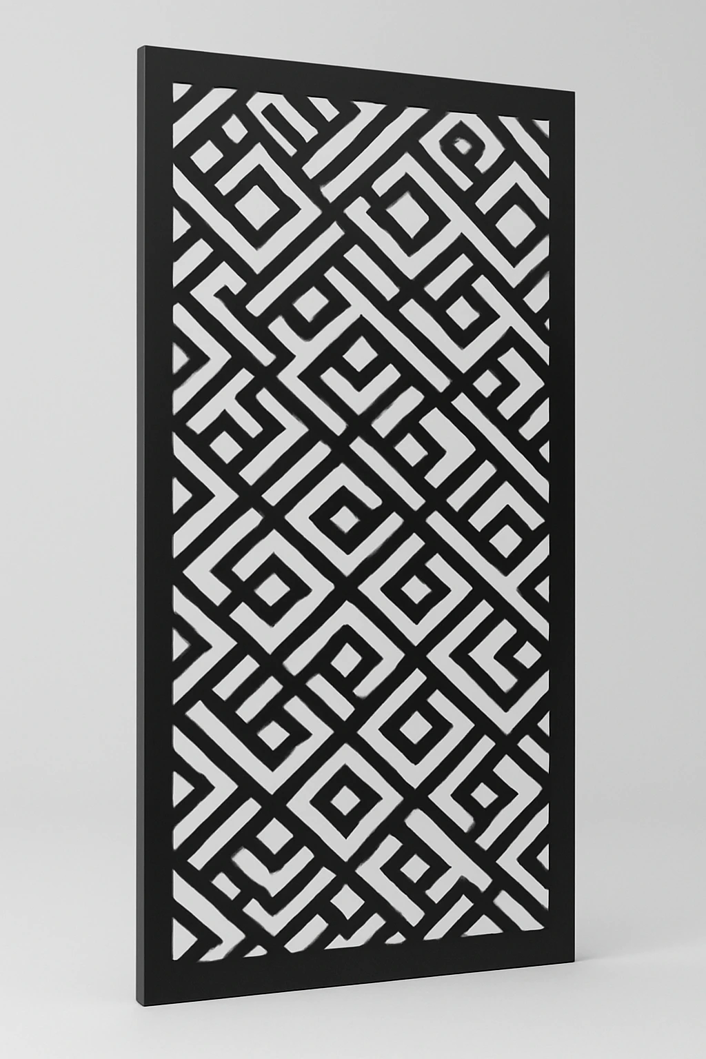 Labyrinth linear pattern, a laser-cut steel decorative screen panel in matte black