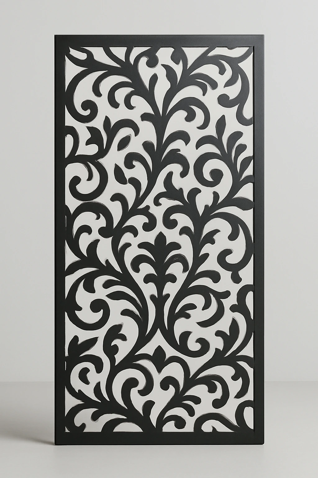 Damask scrollwork pattern, a laser-cut steel decorative screen panel in matte black