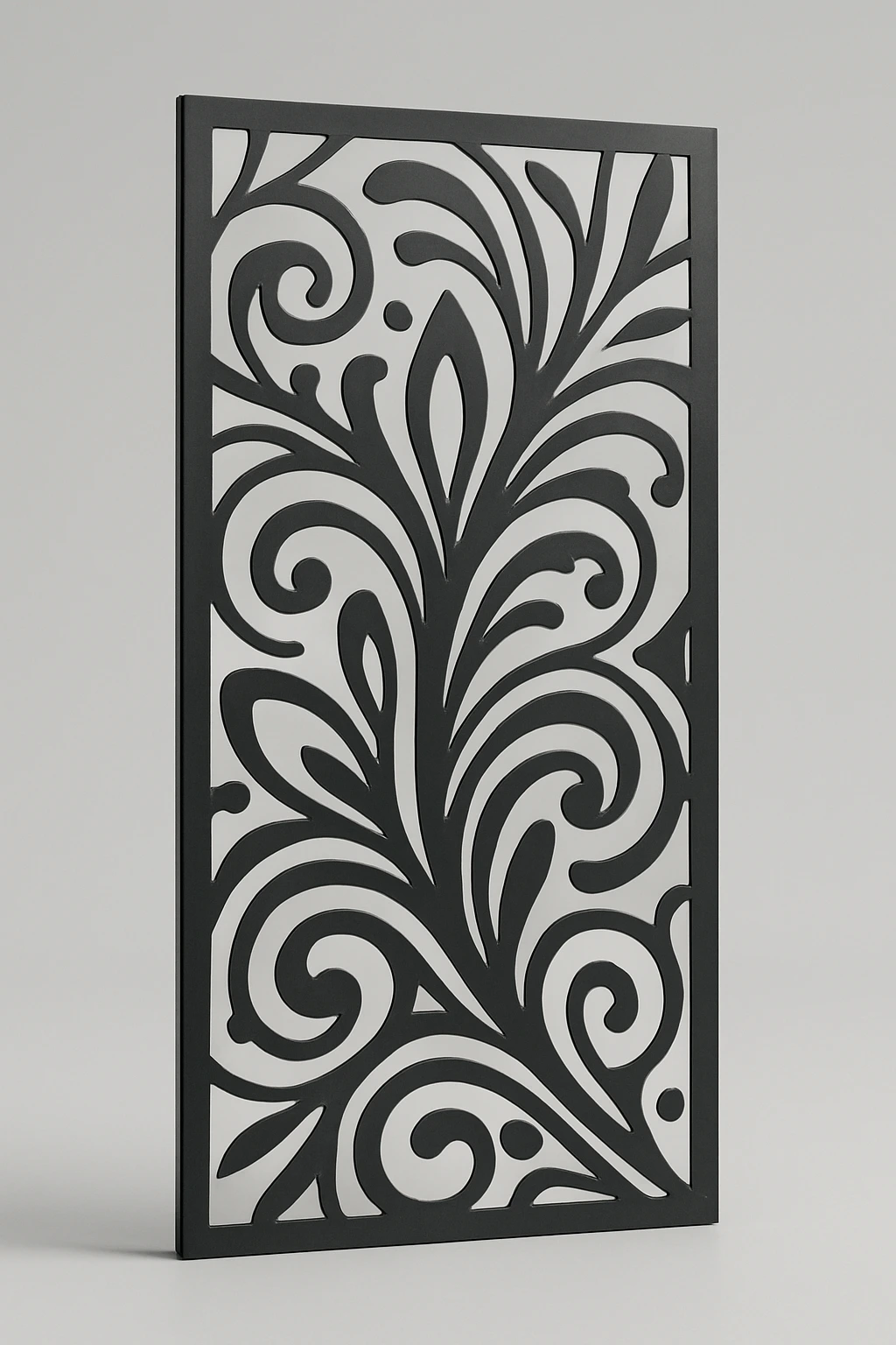 Paisley scrollwork pattern, a laser-cut steel decorative screen panel in matte black