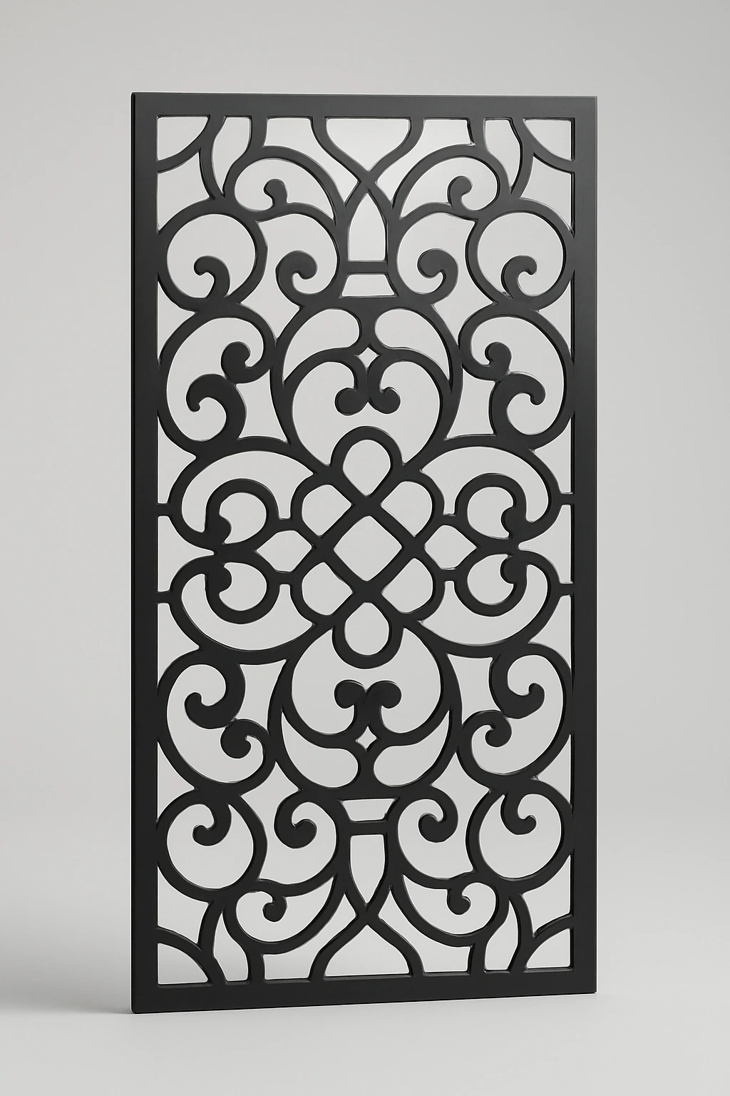 Filigree scrollwork pattern, a laser-cut steel decorative screen panel in matte black