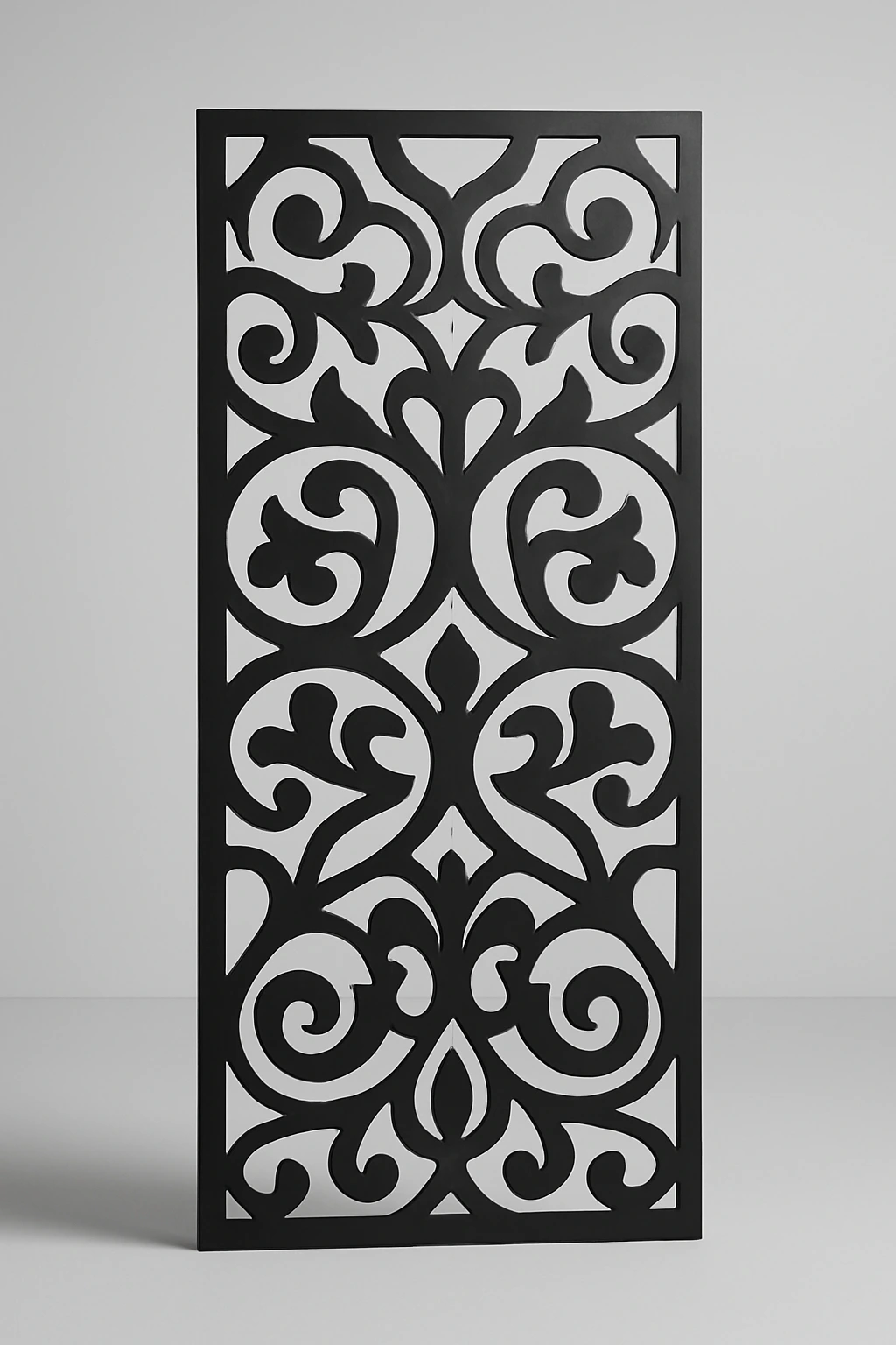 Arabesque scrollwork pattern, a laser-cut steel decorative screen panel in matte black