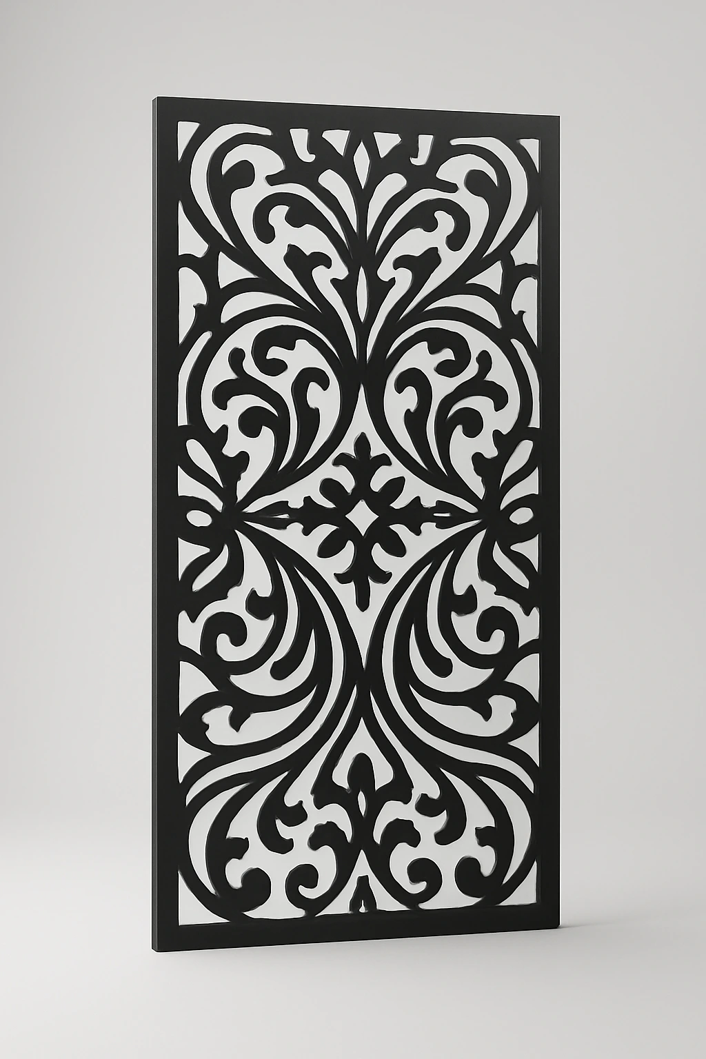 Cartouche scrollwork pattern, a laser-cut steel decorative screen panel in matte black