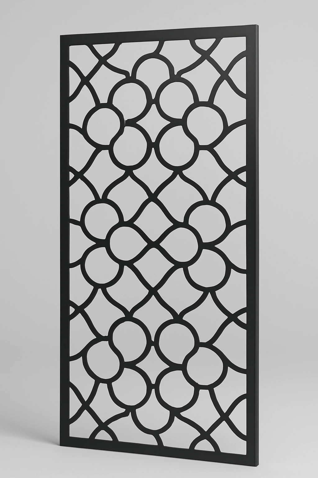 Circle Grid lattice pattern, a laser-cut steel decorative screen panel in matte black
