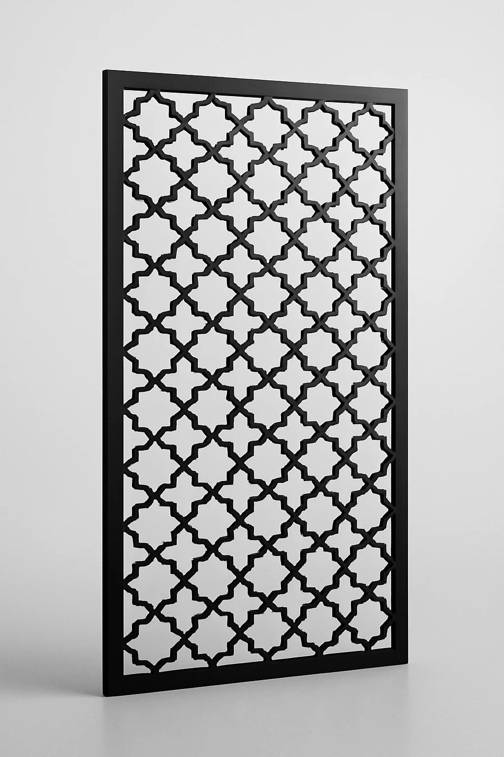 Fine Trellis lattice pattern, a laser-cut steel decorative screen panel in matte black