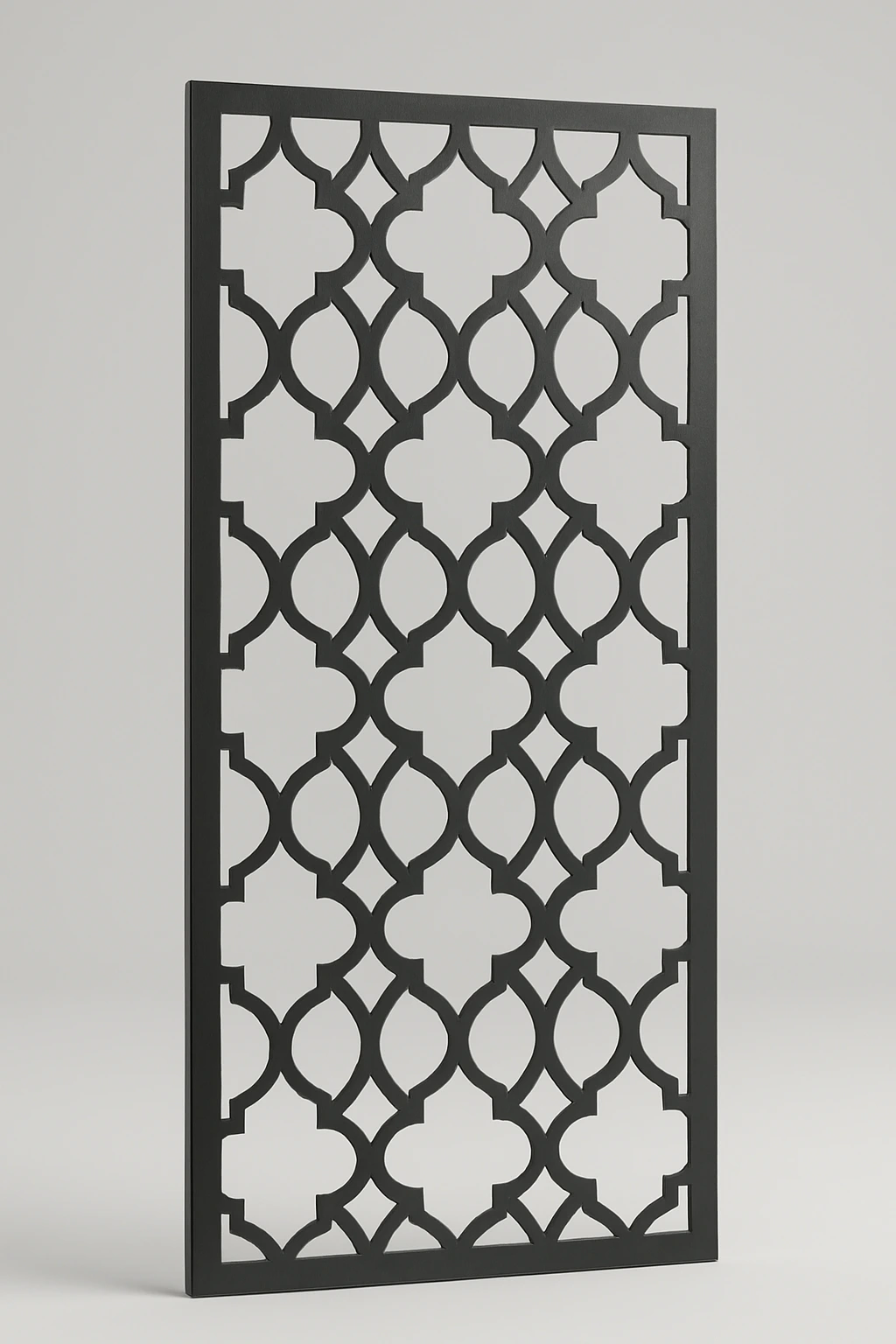 Moorish Lantern lattice pattern, a laser-cut steel decorative screen panel in matte black
