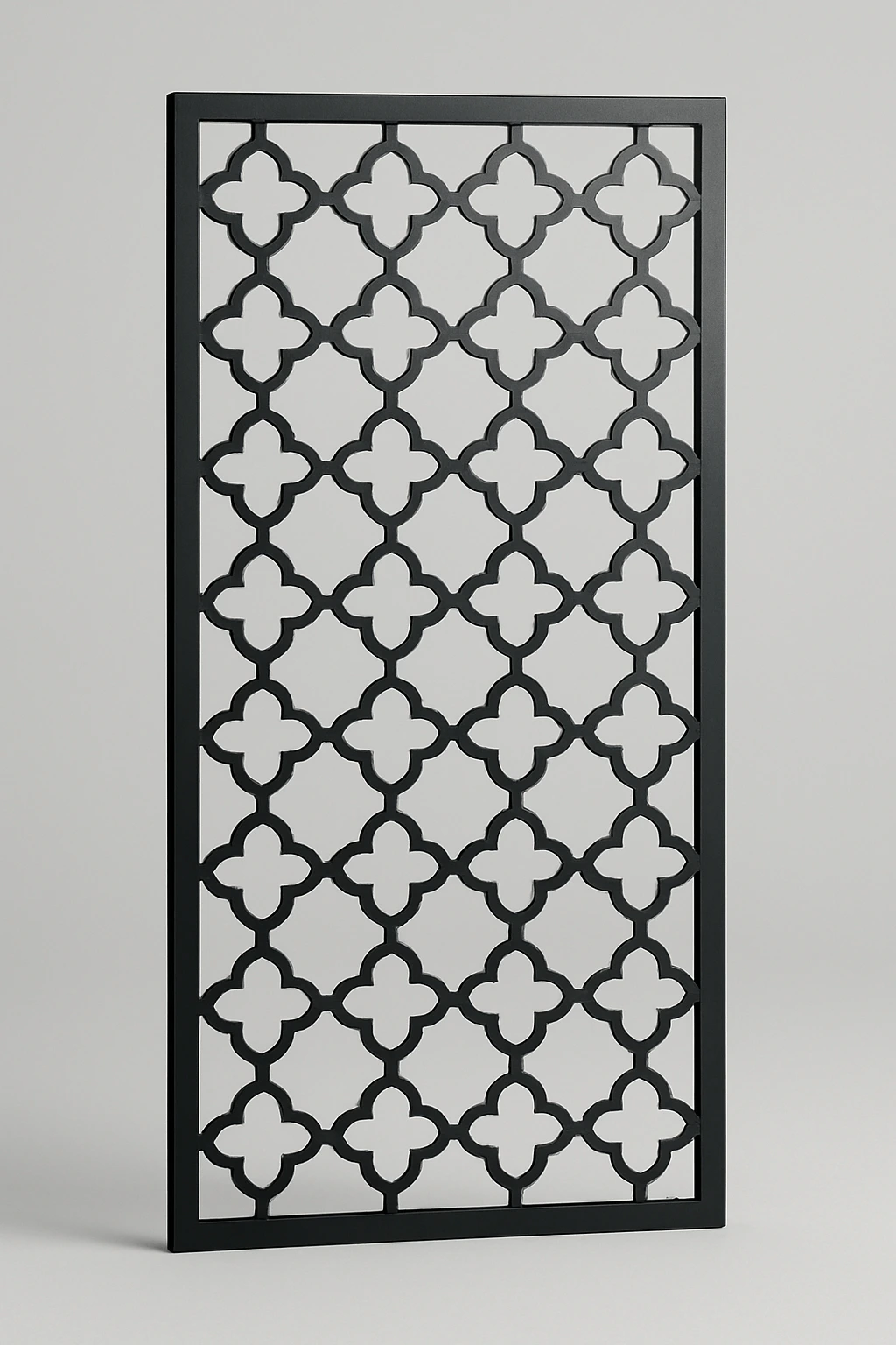 Clover lattice pattern, a laser-cut steel decorative screen panel in matte black
