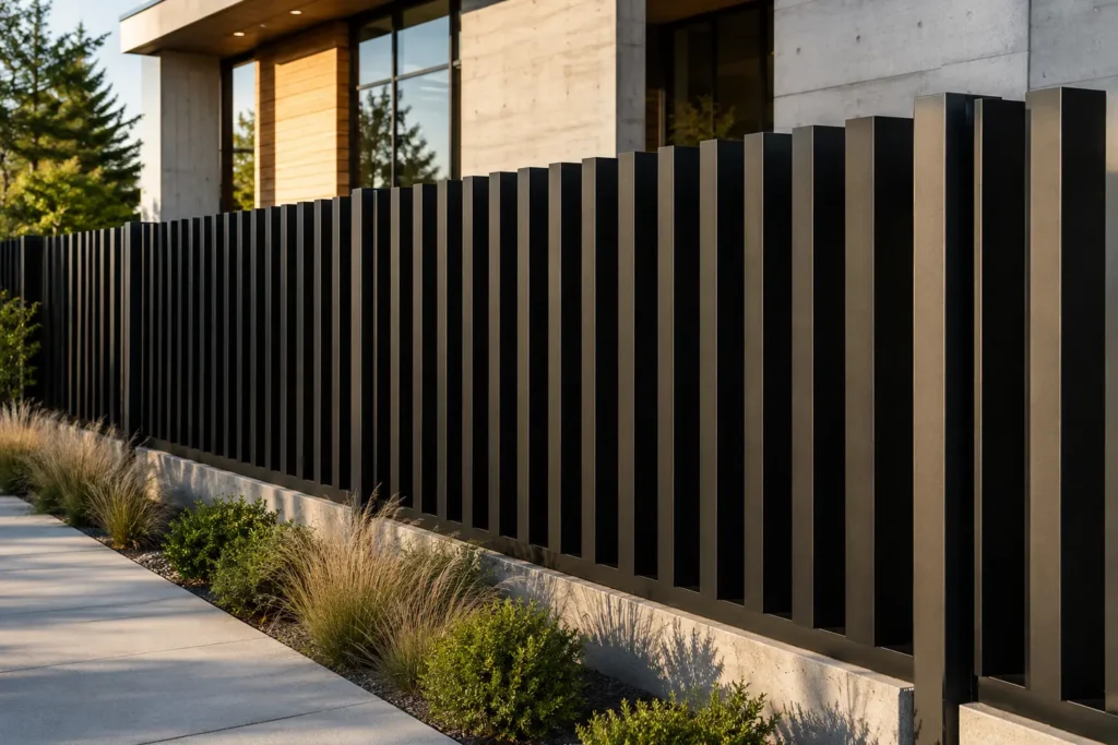 Vertical blade architectural metal fence with deep vertical fins