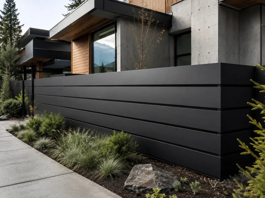 Black shadow-gap metal privacy fence with recessed horizontal joints