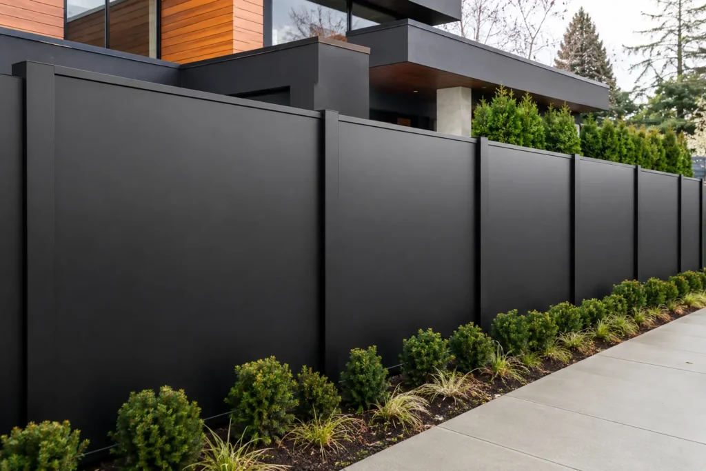 Solid black metal privacy panel fence between slim steel posts