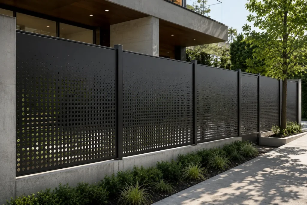 Perforated metal fence panels with a gradient opening pattern