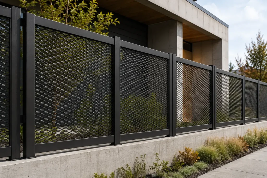 Expanded metal architectural fence with framed diamond-pattern mesh