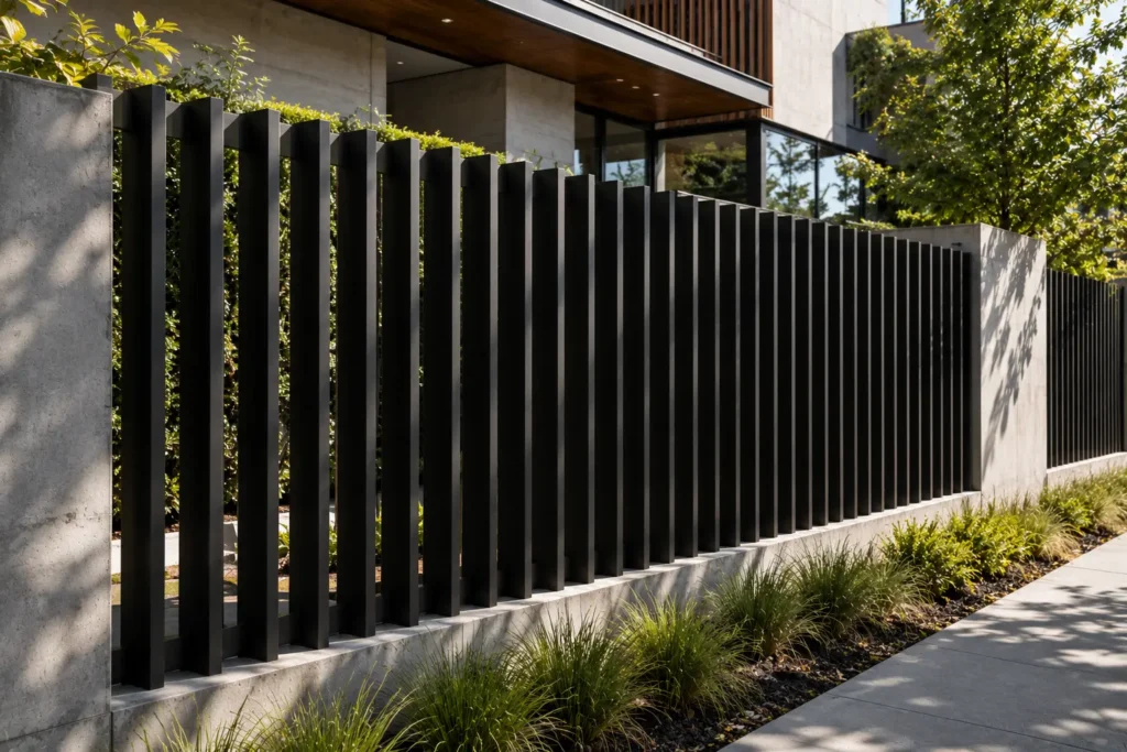 Deep vertical batten and fin metal fence on a concrete curb
