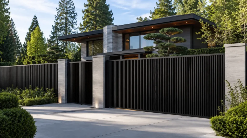 Matching metal driveway gate and vertical blade fence