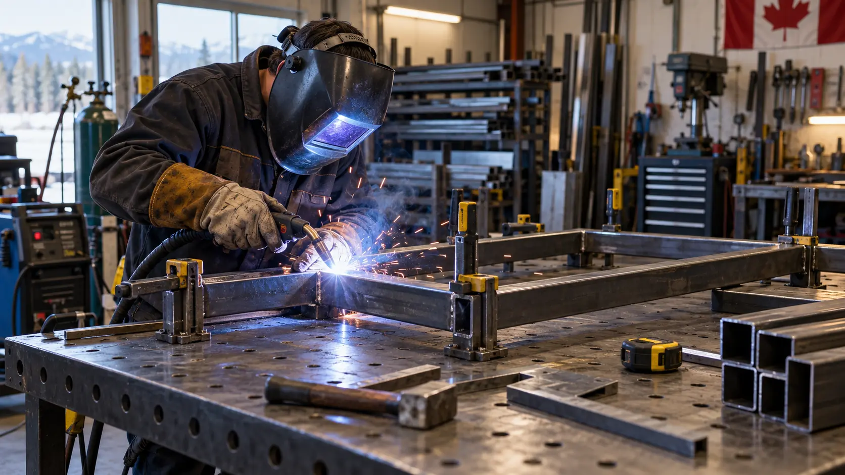 Welder MIG welding a steel frame on a fabrication table in the shop