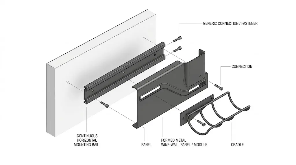 Exploded concept diagram of a wall-mounted wine display: wall, mounting rail, formed panel and bottle cradle