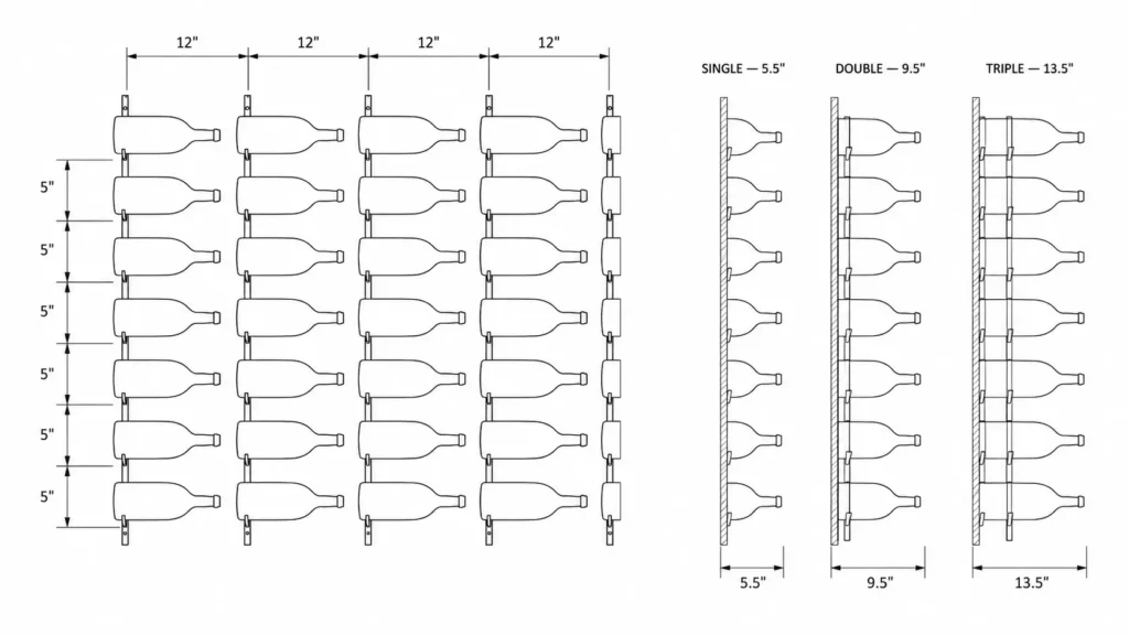 Wine wall diagram showing 12-inch columns, 5-inch rows and three depth options