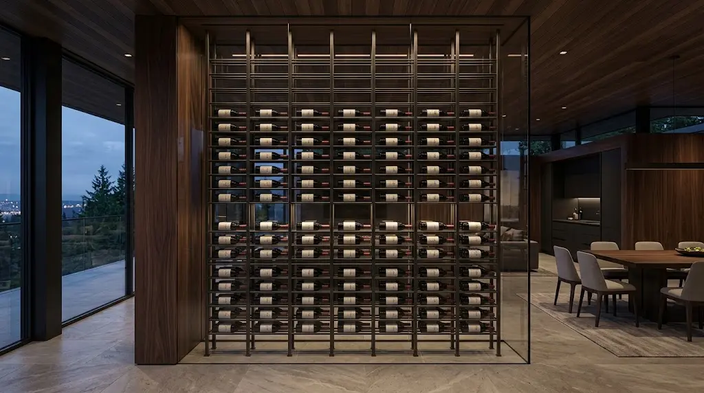 Custom architectural metal wine wall in a contemporary West Coast interior