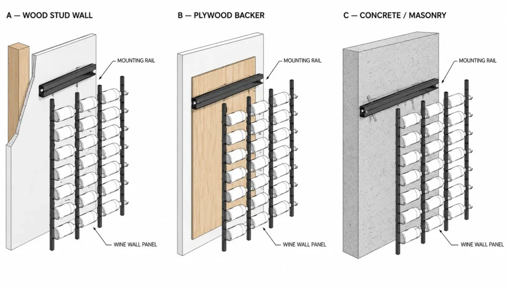Wine wall mounting concept for stud, plywood backer and concrete wall conditions
