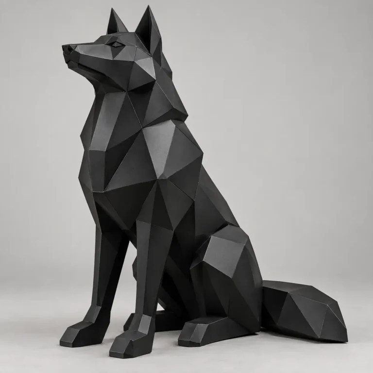 Geometric black metal wolf sculpture sitting with its head raised and bushy tail on the floor