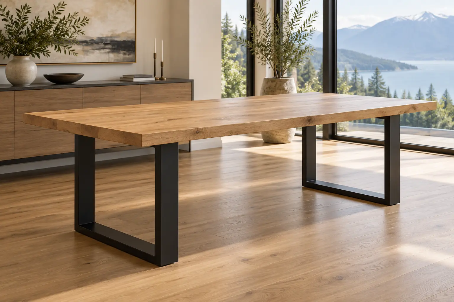 Wood dining table on black steel legs in a bright dining room