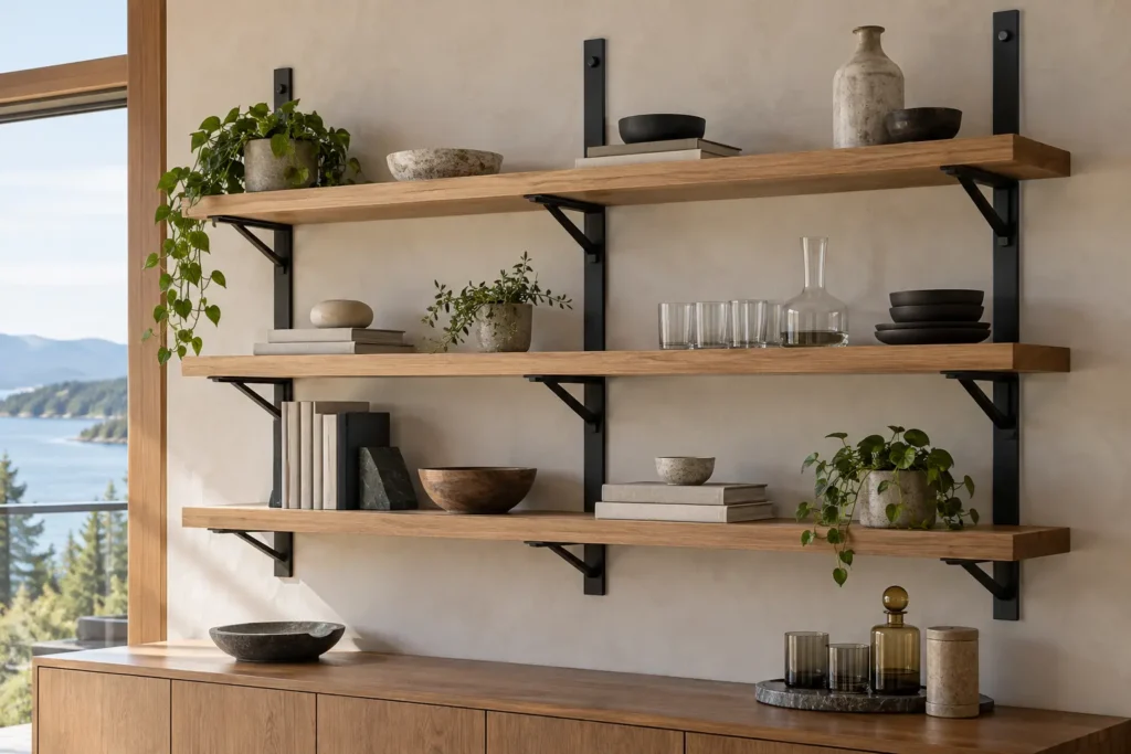 Wood shelves on black steel wall brackets