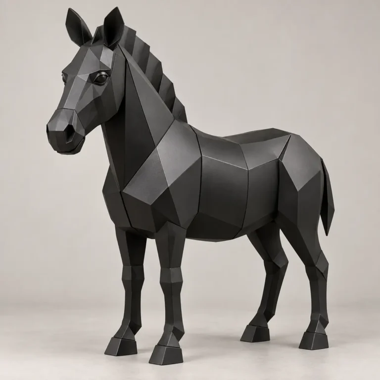 Faceted black metal zebra sculpture standing with an upright mane
